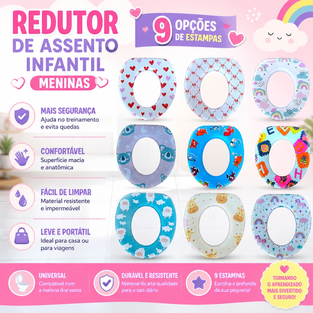 Assento Redutor Vaso Sanitário infantil Almofadado Macio Desfralde Divertido Meninas Princesa