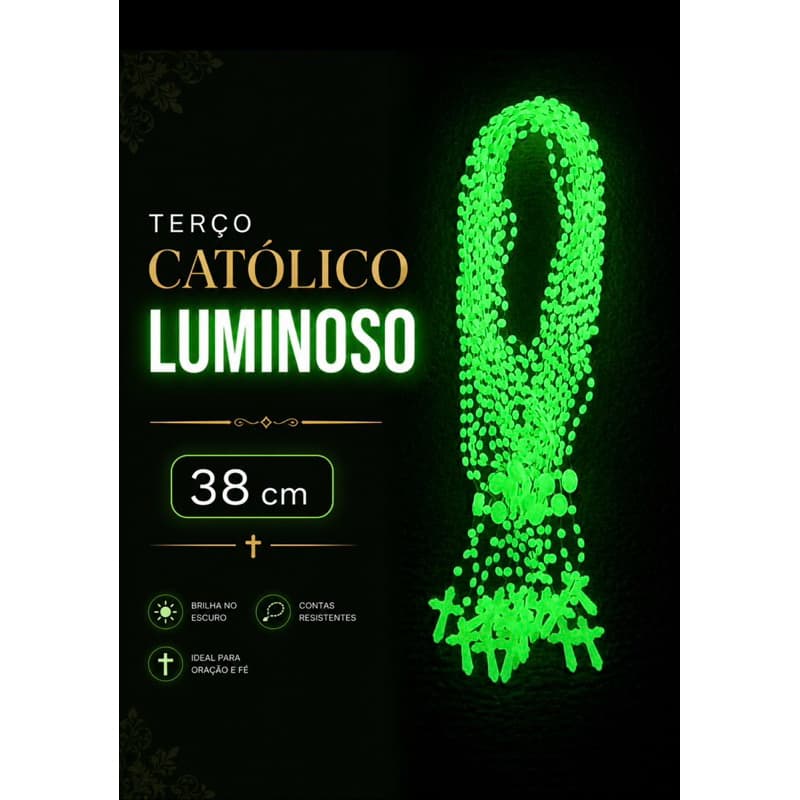 Terço Católico em Plástico - Luminoso (Fosforescente) 38cm Brilha no Escuro Pode Usar no Pescoço Contas Macias - Premium