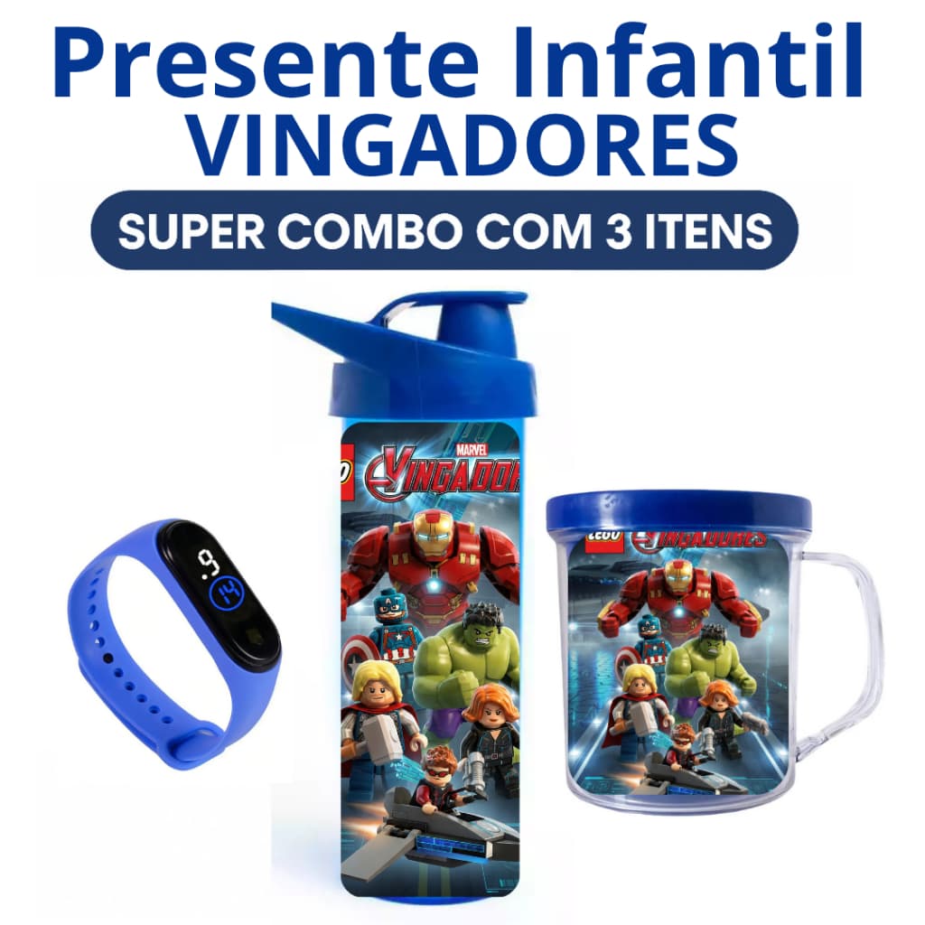 Lego Vingadores - Garrafa Copo e Relógio Digital Infantil - Presente Aniversário com Nome da Criança - Full