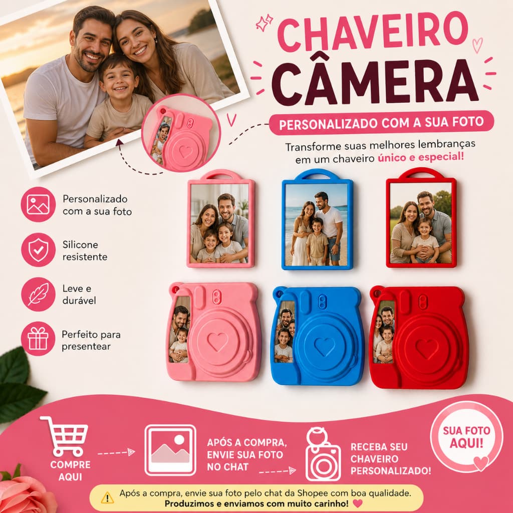 KIT COM 5, 10 Chaveiro Porta Foto Personalizado Câmera  Mini Porta Retrato com Foto  Presente Criativo Casal, Filho, Pai