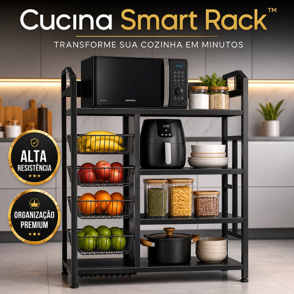 Suporte para Micro-ondas com Fruteira 4 Prateleiras Cucina Smart Rack™ Organizador de Cozinha Compacto Resistente