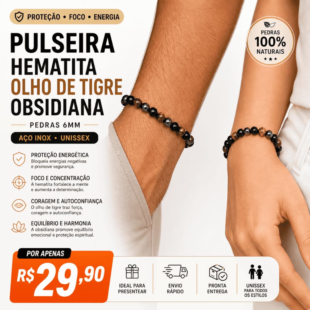 PULSEIRA HEMATITA OLHO DE TIGRE OBSIDIANA UNISSEX PEDRAS 6MM AÇO INOX PROTEÇÃO E ESTILO