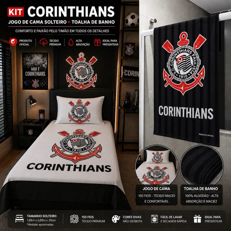 Kit Corinthians Solteiro Jogo de Cama + Toalha de Banho Oficial | 150 Fios 100% Algodão Alta Absorção Timão