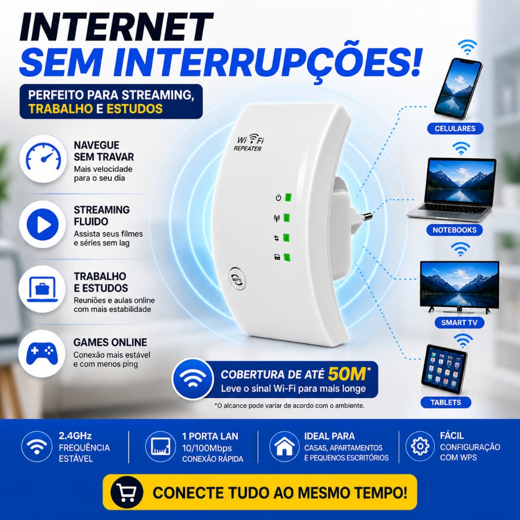 Repetidor WiFi 300Mbps Bivolt Amplificador Sinal 2.4GHz WPS RJ45 DHJ DR4