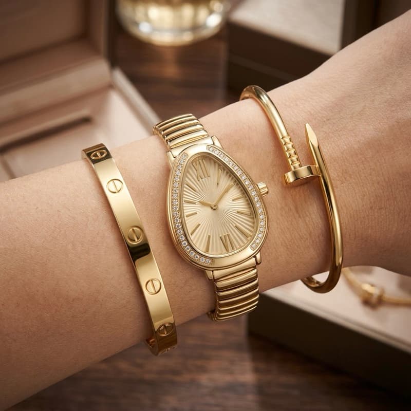Relógio Feminino Dourado + Pulseiras Luxo em Aço Inoxidável | Moda Elegante, Ajustável, Não Enferruja