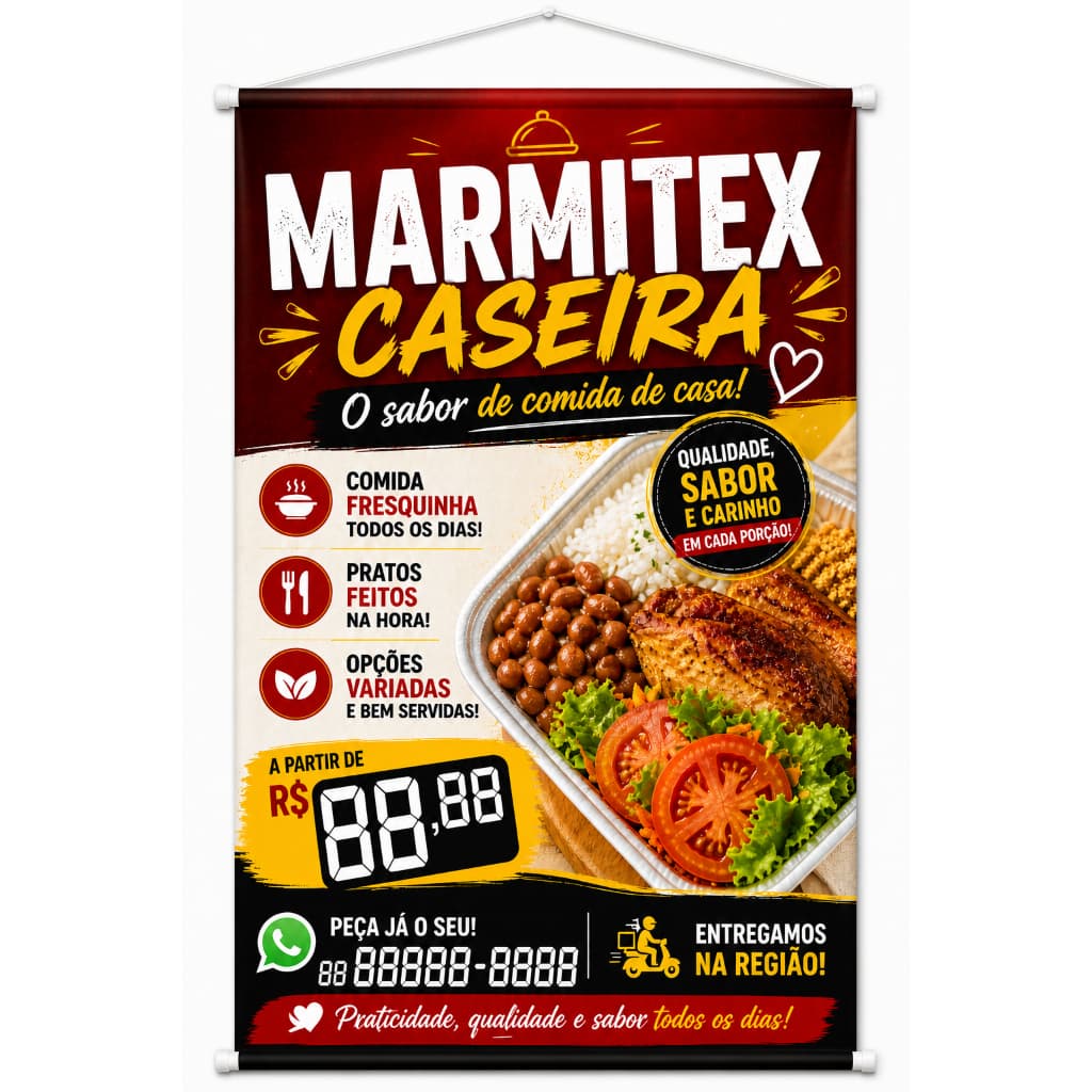 Banner Marmitex diversos tamanhos para Restaurante, Lanchonetes, Padaria, banner completo.