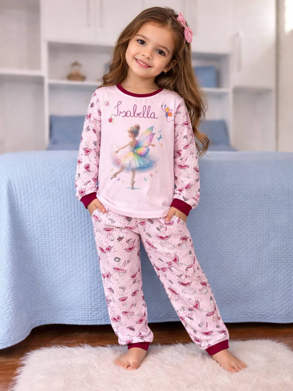 Pijama Longo Infantil Feminino Manga Longa Inverno Coloque o Nome da Menina Personalizada Gratis Afd