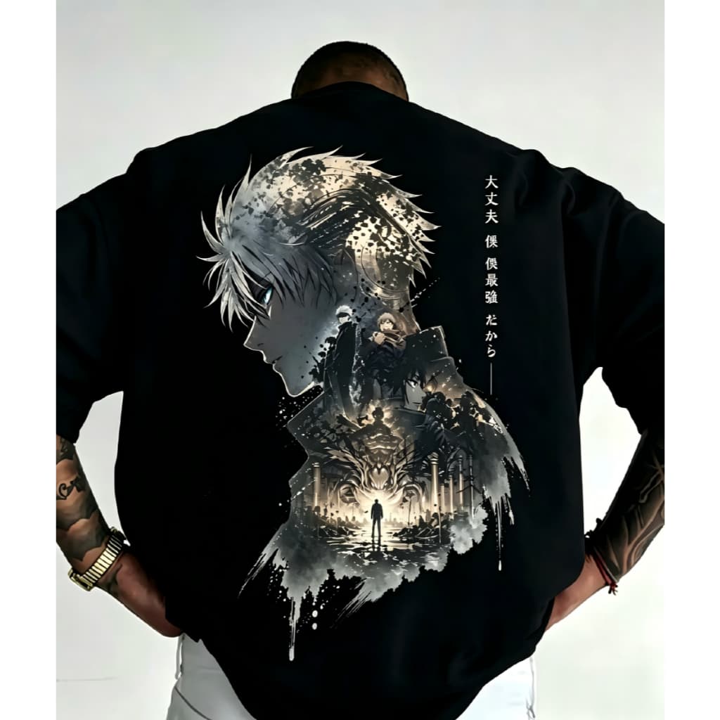 Camiseta Preta Unissex, Estampa de Anime com Arte Urbana, Frase Japonesa, Estilo Streetwear