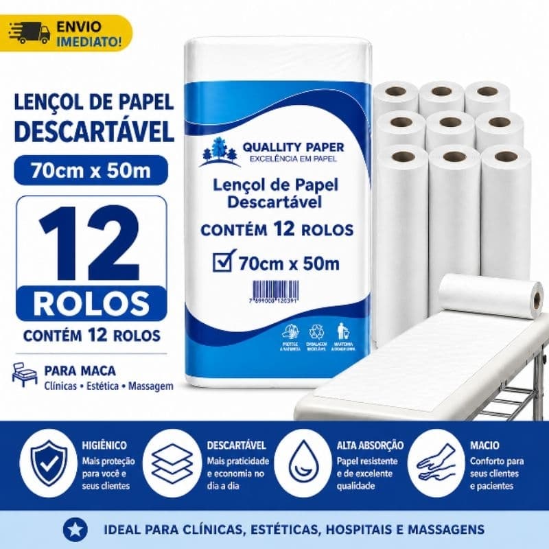 Lençol de Papel Descartável 70x50 12 Rolos Para Maca Clínicas Estética Alta Absorção Profissional Econômico6