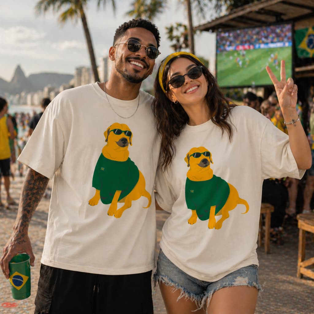 Camiseta Oversized Unissex  RUMO AO HEXA Brasil Copa do Mundo Cachorro Caramelo Masculino e Feminino 100% algodão Basico
