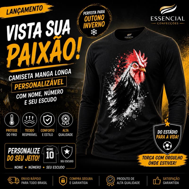 Camiseta Manga Longa Masculina Personalizada Nome e Número Futebol 100% Algodão Preta Outono Inverno Confortável