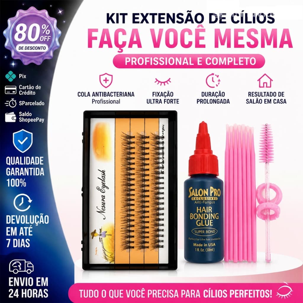 Kit DIY Alongamento de Cílios em Casa – Cola Profissional Antibacteriana + Cílios em Tufos + Escova e Anel de Cola