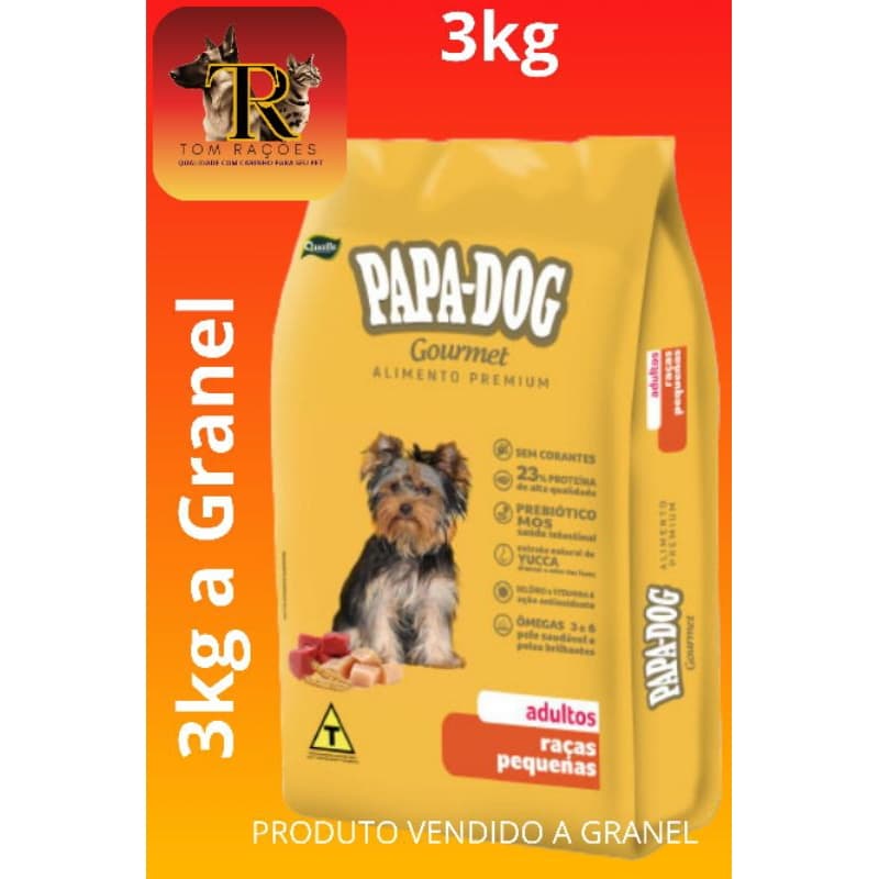 3kg a granel, PAPA DOG GOURMET, Raças Pequenas, 23% de proteínas, ração Premium, sabor carne e frango.