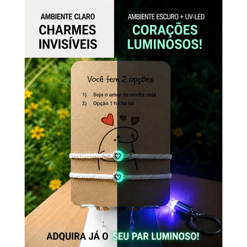 Par Pulseiras Macramê Coração Luminoso: Brilha no escuro, Ajuste Perfeito. Presente Ideal para Casais e Melhores Amigos!