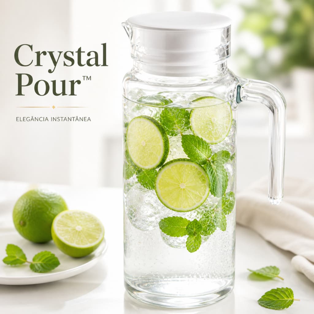 Crystal Pour Jarra Vidro 1L com Tampa Silicone Anti Vazamento Suqueira Premium Elegante