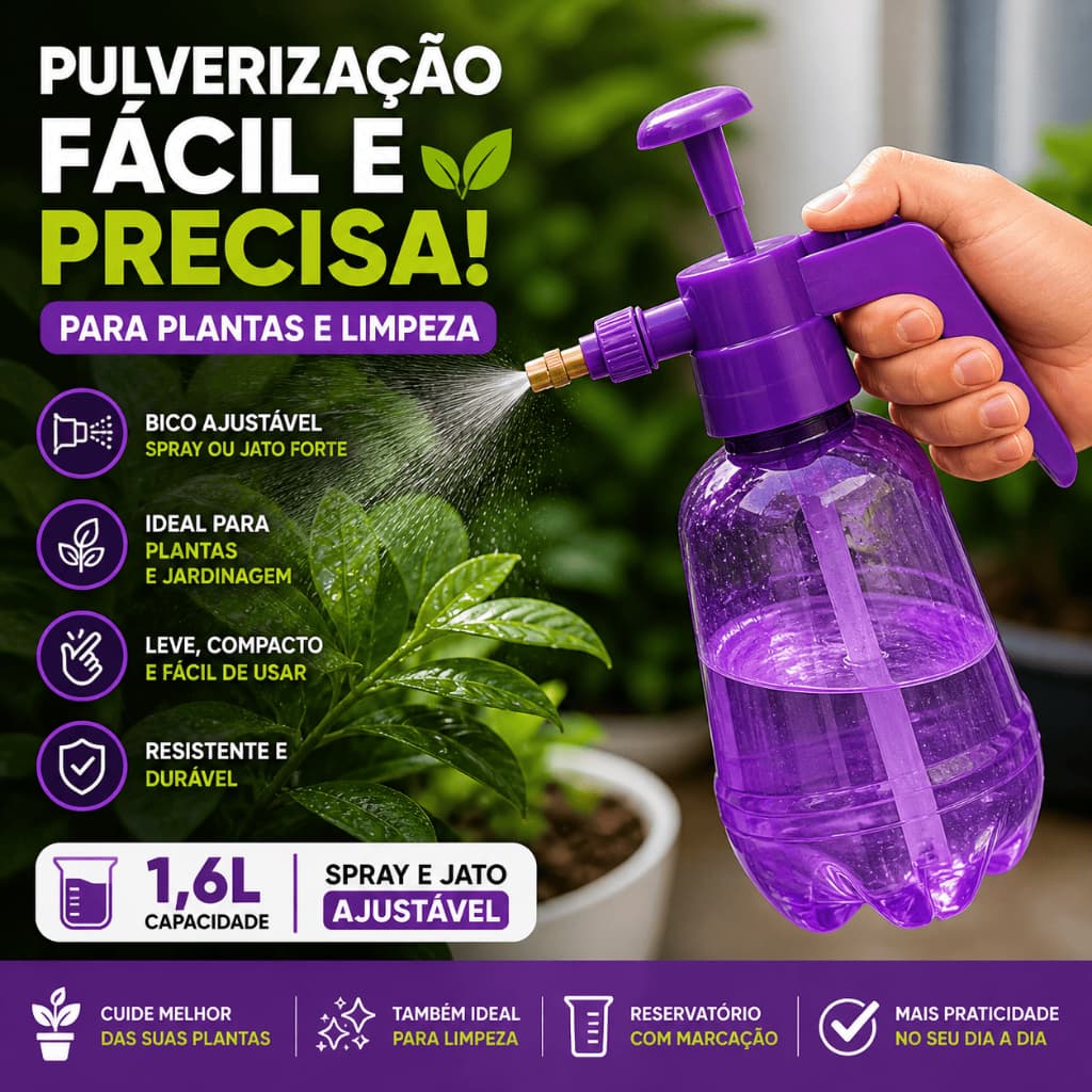 Pulverizador de Pressão 1,6L para Plantas e Limpeza | Bico Ajustável Spray e Jato Forte