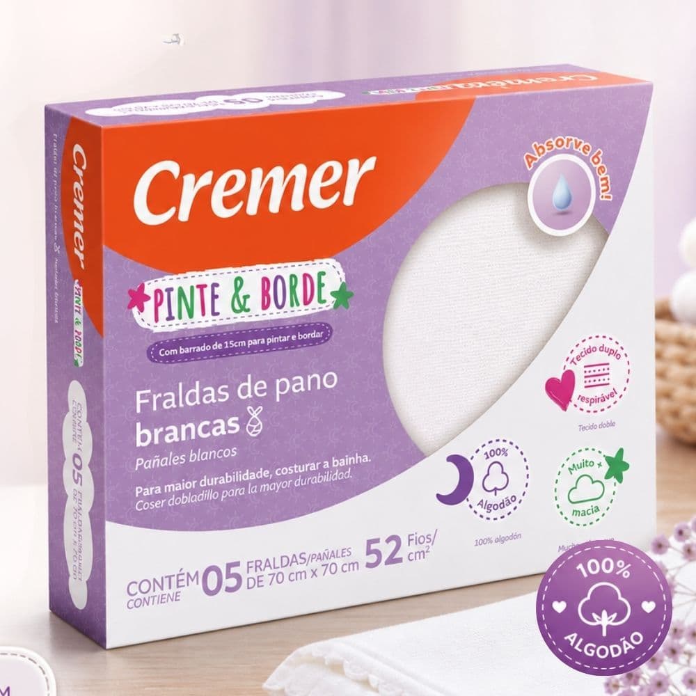 Fralda de Pano Cremer Pinte e Borde 5 Unidades Brancas 100% Algodão