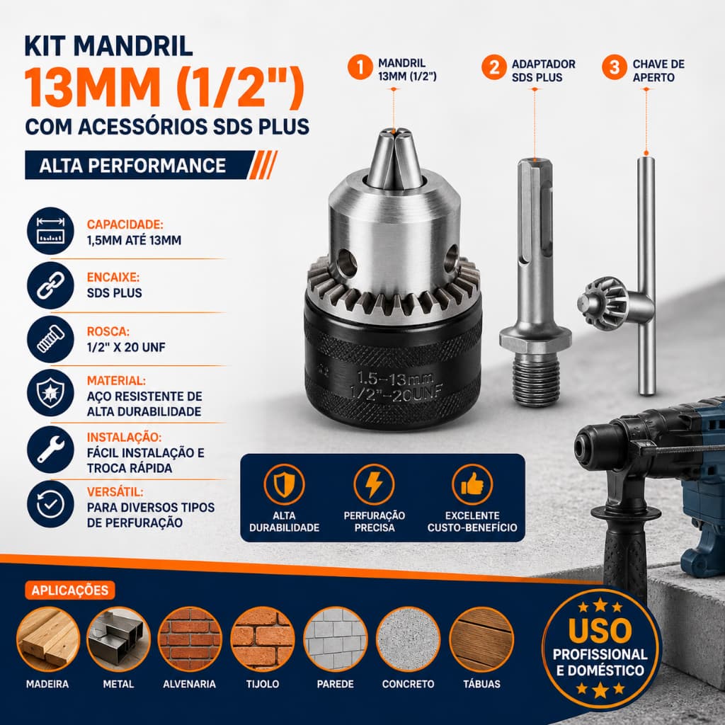 Mandril 13mm Com Adaptador SDS Plus Para Martelete Converte Em Furadeira Profissional 1/2