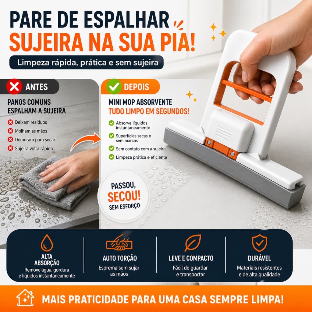 Mini Mop de Pia Absorvente com Auto Torção Rodo Esponja Limpeza Rápida Cozinha
