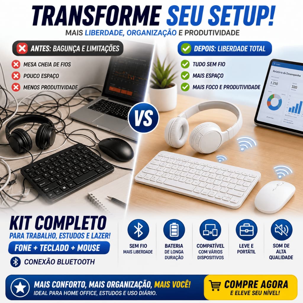 Kit  Fone de Ouvido Bluetooth + Teclado e Mouse Sem Fio Estudos Trabalho Branco/Preto/Rosa