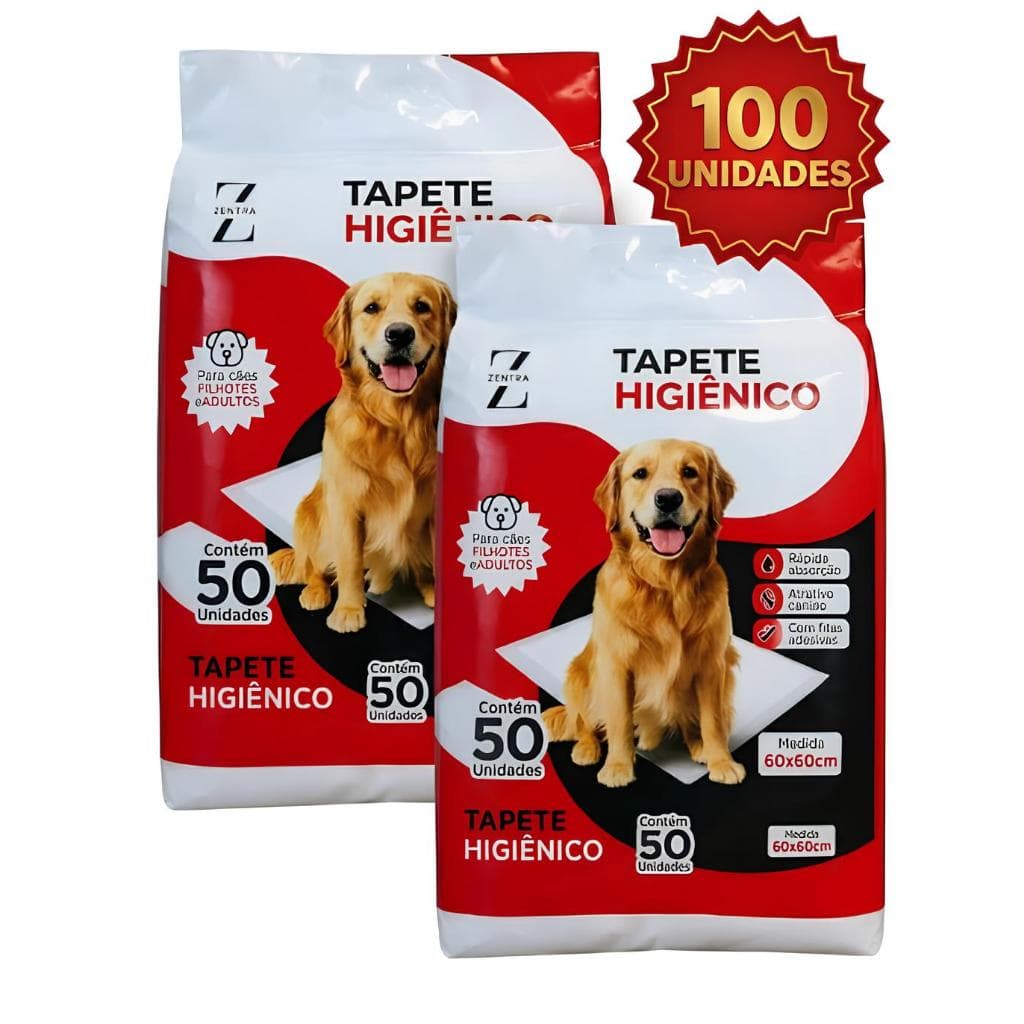 Tapete Higiênico Descartável para Cachorro 100 Uni 60x60 cm - Fralda Pet Xixi Cão 6 Camadas