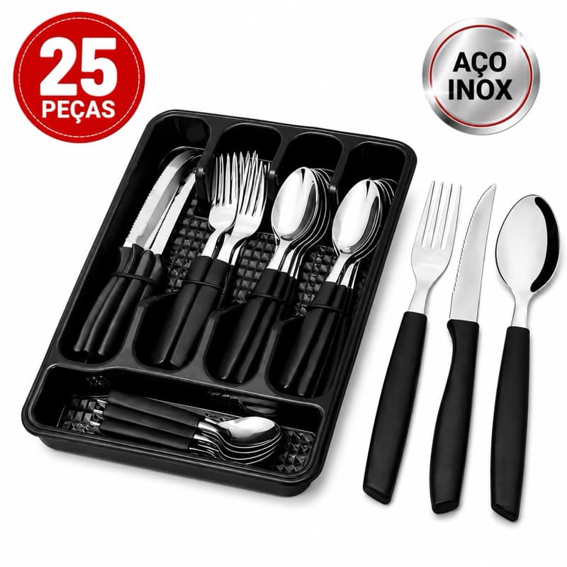 Conjunto Jogo De Talheres 25 Peças Inox Premium + Gaveteiro Organizador Porta Talheres Cozinha