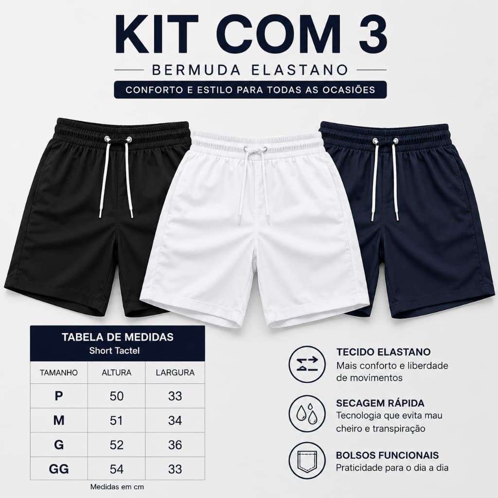 Kit 3 Bermudas Masculinas Elastano Premium Casual Academia Conforto Dry Fit
