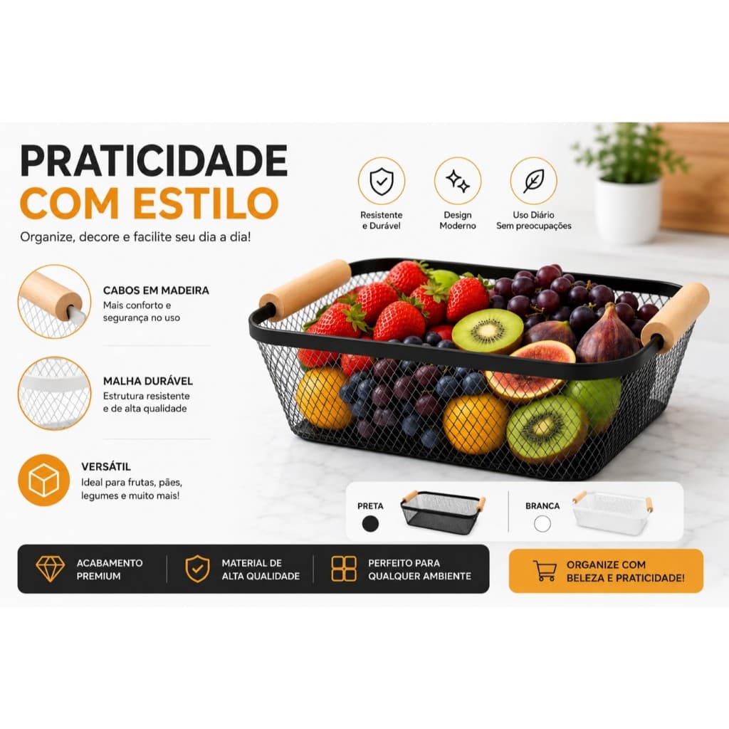 Cesta Organizadora Aramada com Alças de Madeira – Multiuso Cozinha, Frutas e Organização Moderna
