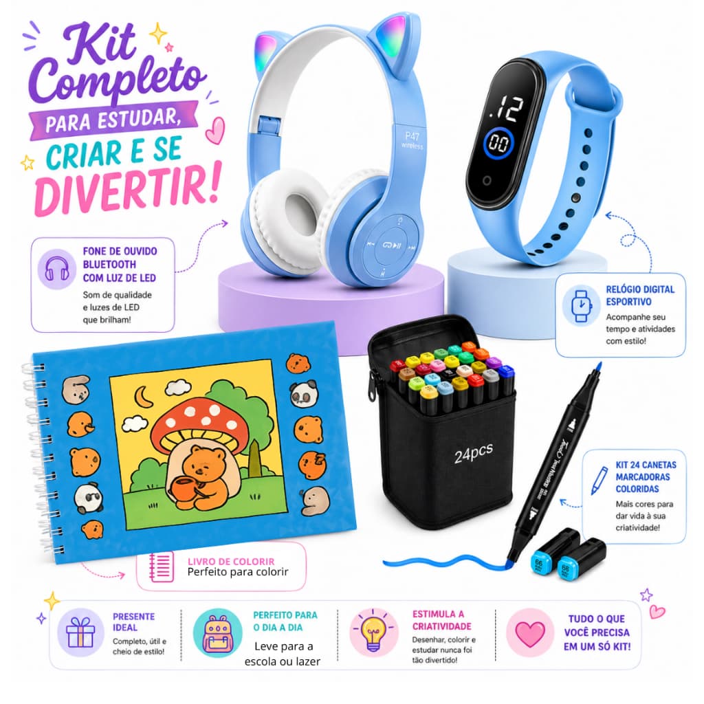 Kit Infantil Criativo Fone Gatinho Bluetooth LED Relógio Digital Caderno Colorir 24 Canetas Presente Perfeito