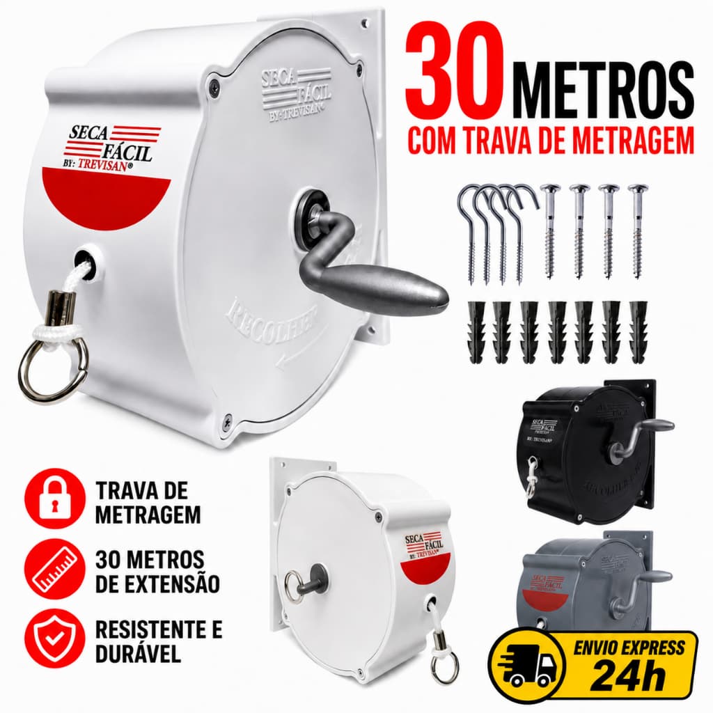 Varal Carretilha Recolhível Retrátil Com 30m De Corda Para Parede Apartamento Quintal Grande Pequeno