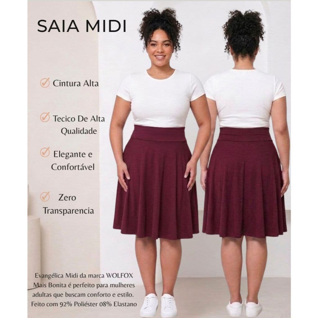 Saia Midi Plus Size Suplex Evangélica Cos Alto G1-G2-G3-G4