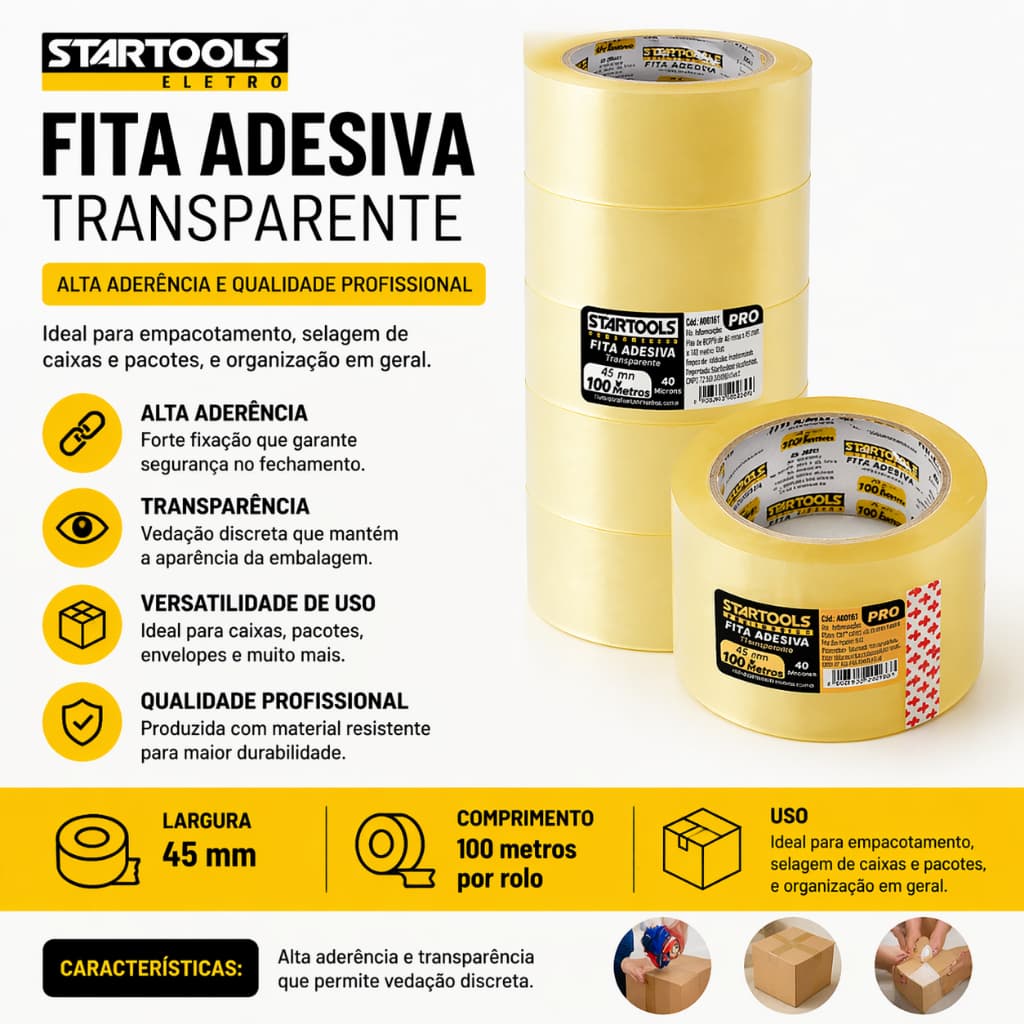 Fita Adesiva Transparente 45mm 100m Rolos Startools Alta Aderência Embalar