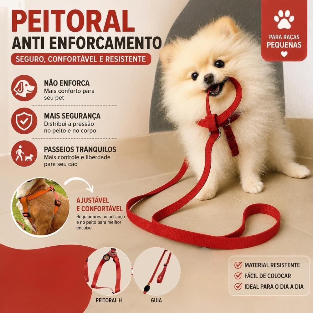 Coleira peitoral anti enforcamento Raças pequenas até 6k Shi tzu, Lulu, Pincher, Chihuahua, Spitz, Yorkshire