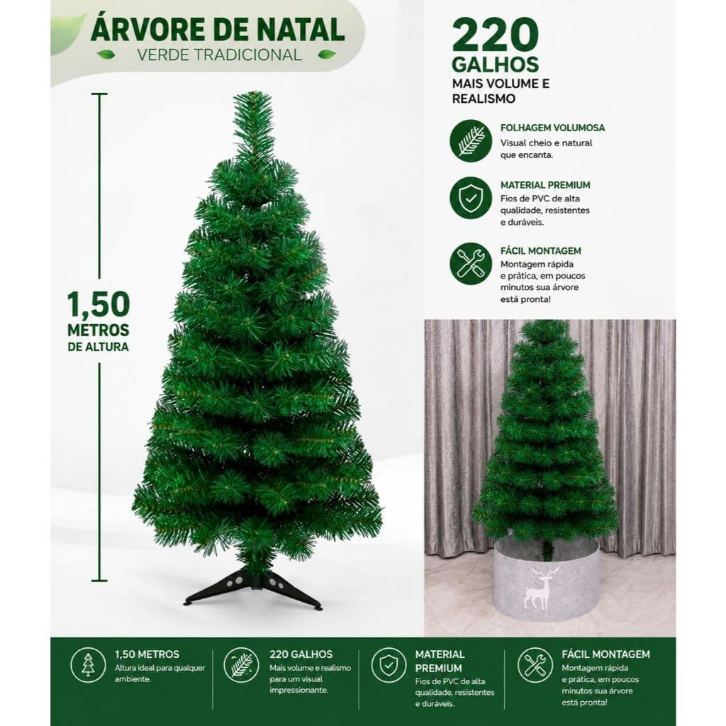 Arvore Natal 1,50mt Verde 220 Galhos Natalina Decoração Pinheiro Premium NTY10150