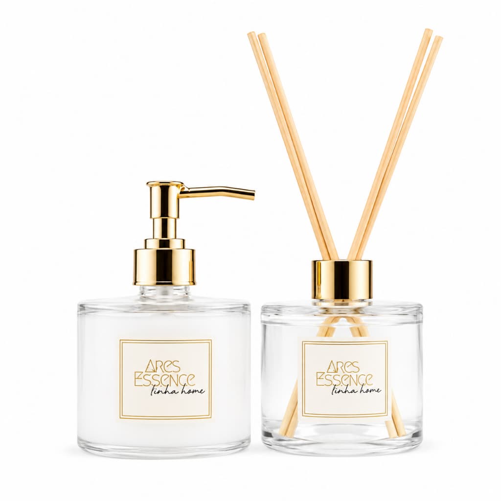 Kit Lavabo Picolo 240ml Difusor de Varetas + Saboneteira Vidro Elegante Ares Essence