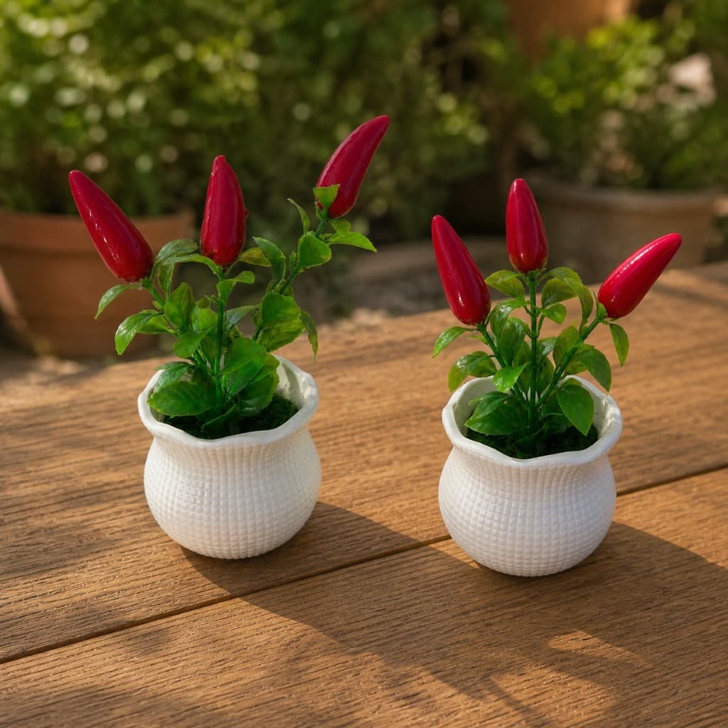 Mini Arranjo Pimenta Artificial Com Vasinho Branco Decoração Mesa