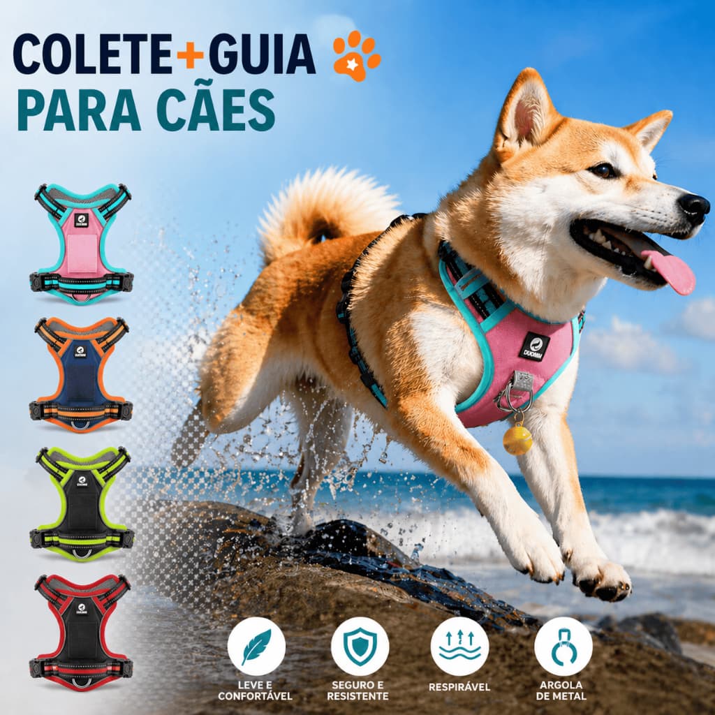 Kit Passeio Cachorro Peitoral Colete Confortável + Guia Reforçada 1,5m Com Faixas Refletivas
