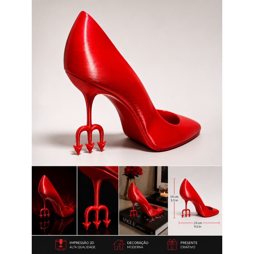 Sapato Decorativo Vermelho Luxo Salto Tridente Impressão 3D