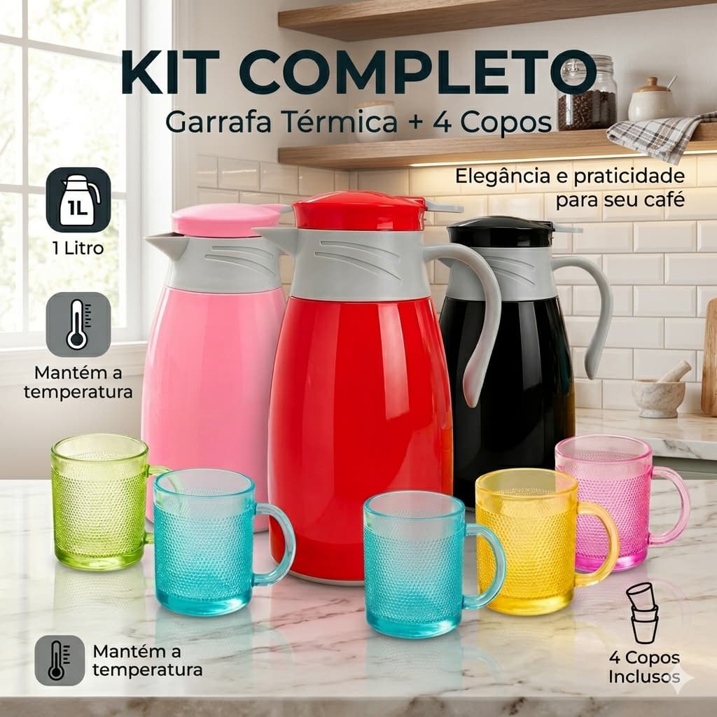 Conjunto Garrafa Térmica   1litro com 4 Canecas  Vidro Rosa Preta Vermelha Quente Mesa Café Chá