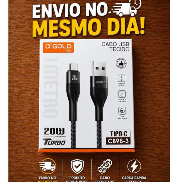 Cabo USB Tipo C Turbo 20W A’Gold Pro Carregamento Rápido Reforçado Premium Android
