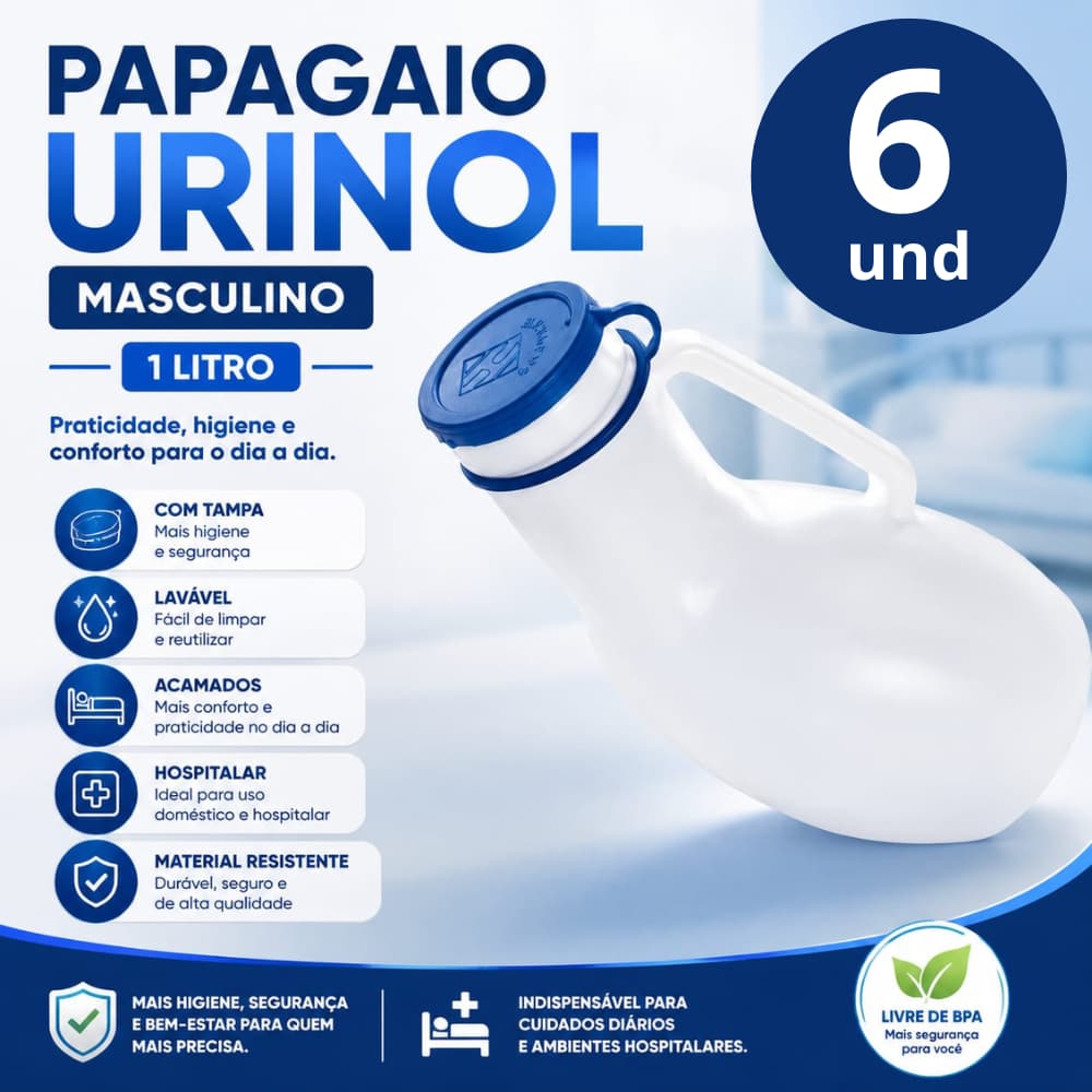 Kit 6 Coletor de Urina Urinol Hospitalar C/Tampa Papagaio Emergência Incontinência Urinaria Acamados Caminhoneiro
