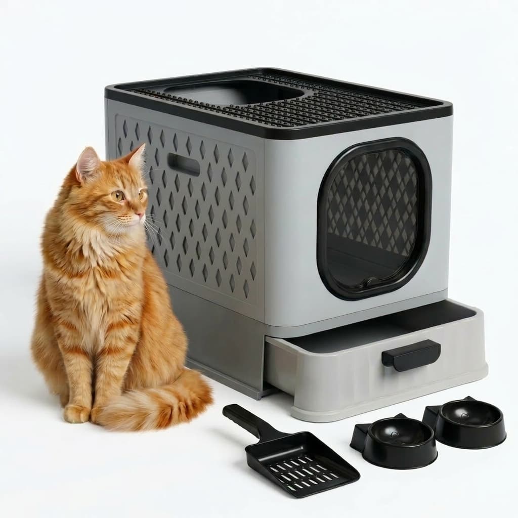 Caixa de Areia para Gatos Fechada Sandbox Premium Jelplast com 2 comedouros e Pazinha