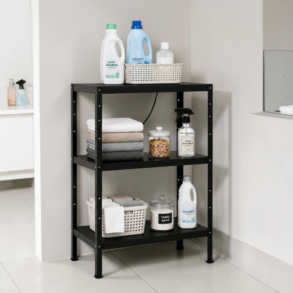 Estante Multiuso Lavanderia Aço 3 Prateleiras Organizador Produtos Limpeza Área de Serviço Industrial