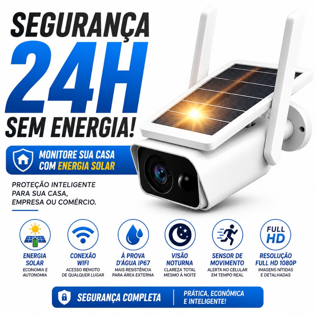 Câmera Segurança WiFi Externa Solar Full HD Prova D Água Visão Noturna Sensor Movimento IP67
