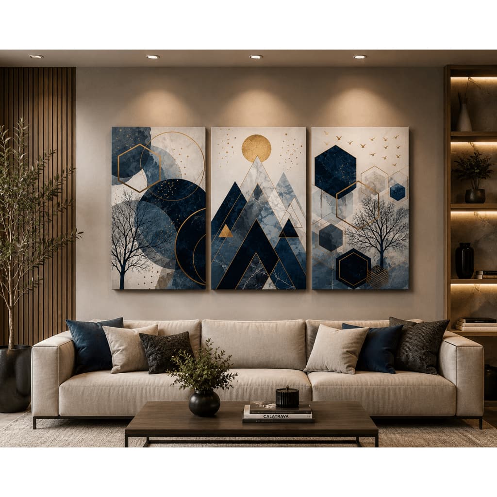 Kit 3 Quadros Decorativos Abstrato Geométrico Azul e Dourado MDF Sem Moldura