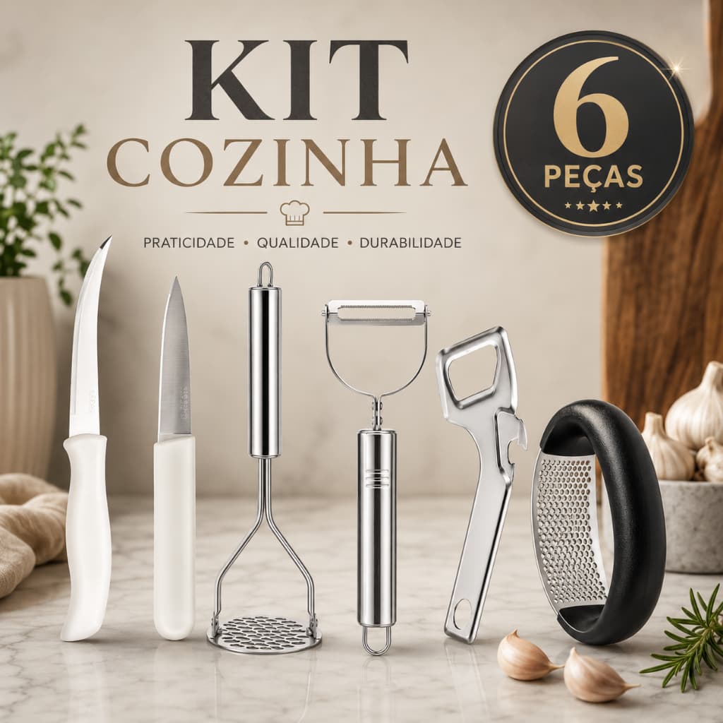 Kit Utensílios Cozinha 6 Peças Facas Descascador Abridor Amassador Batata Alho