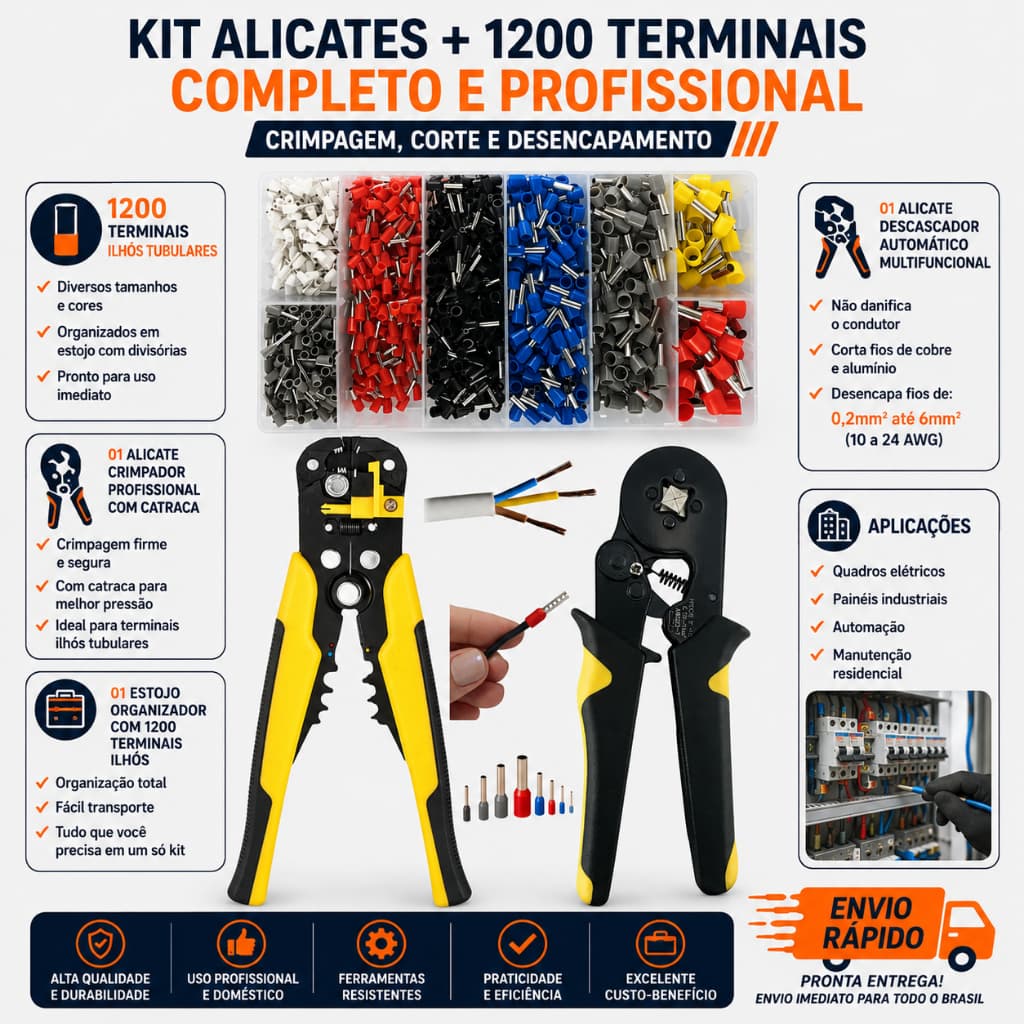 Kit Alicate Crimpar Descascador 1200 Terminais Ilhós Tubular