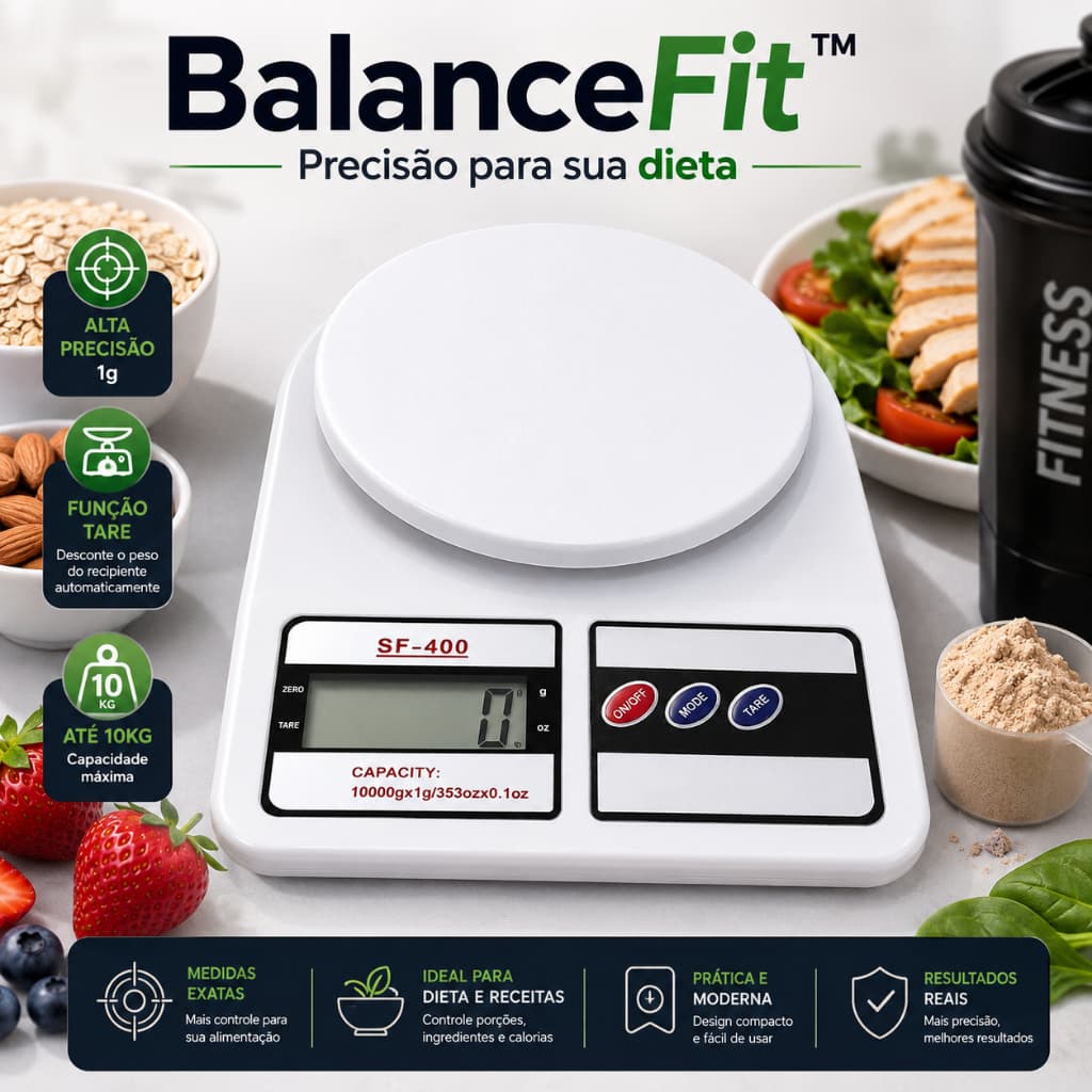 BalanceFit™ Balança Digital Cozinha 10kg Alta Precisão 1g LCD Dieta Fitness TARE