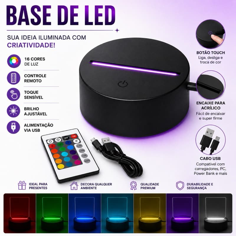 BASE LED RGB TOUCH 3D PARA ACRÍLICO LUMINÁRIA USB 7 CORES BASE BRANCA/PRETA DECORAÇÃO GEEK GAMER