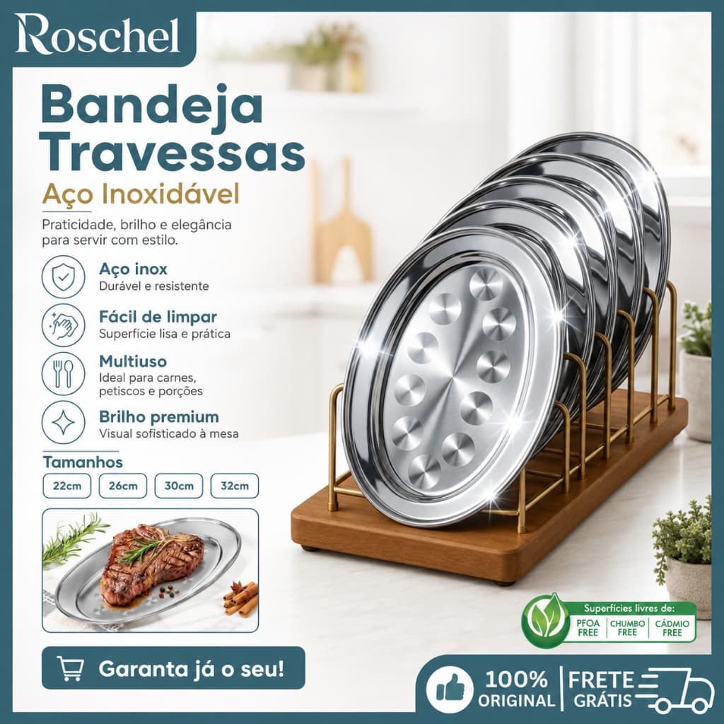 Bandeja Prato Travessas Oval Aço Inox Rasas 22 26 30 32cm para Restaurante Servir Petiscos e Porções